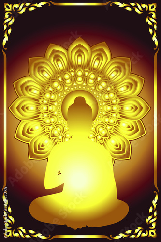 Silhouette Siddhartha gautama with Dharma Wheel and gold glowing background with golden flower frame