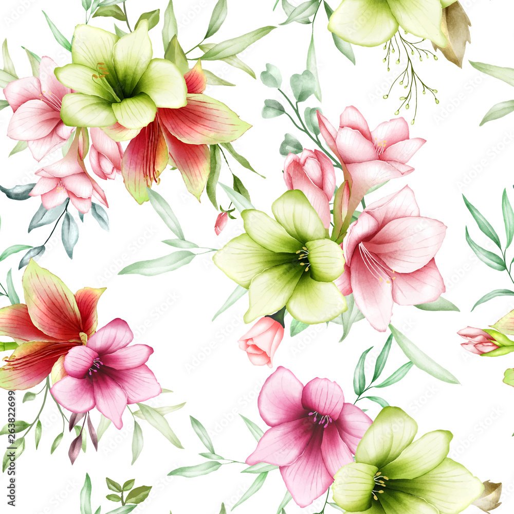 seamless pattern watercolor amaryllis flowers