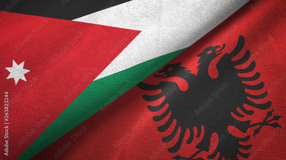 Jordan and Albania two flags textile cloth, fabric texture Jordan and Albania two flags textile cloth, fabric texture