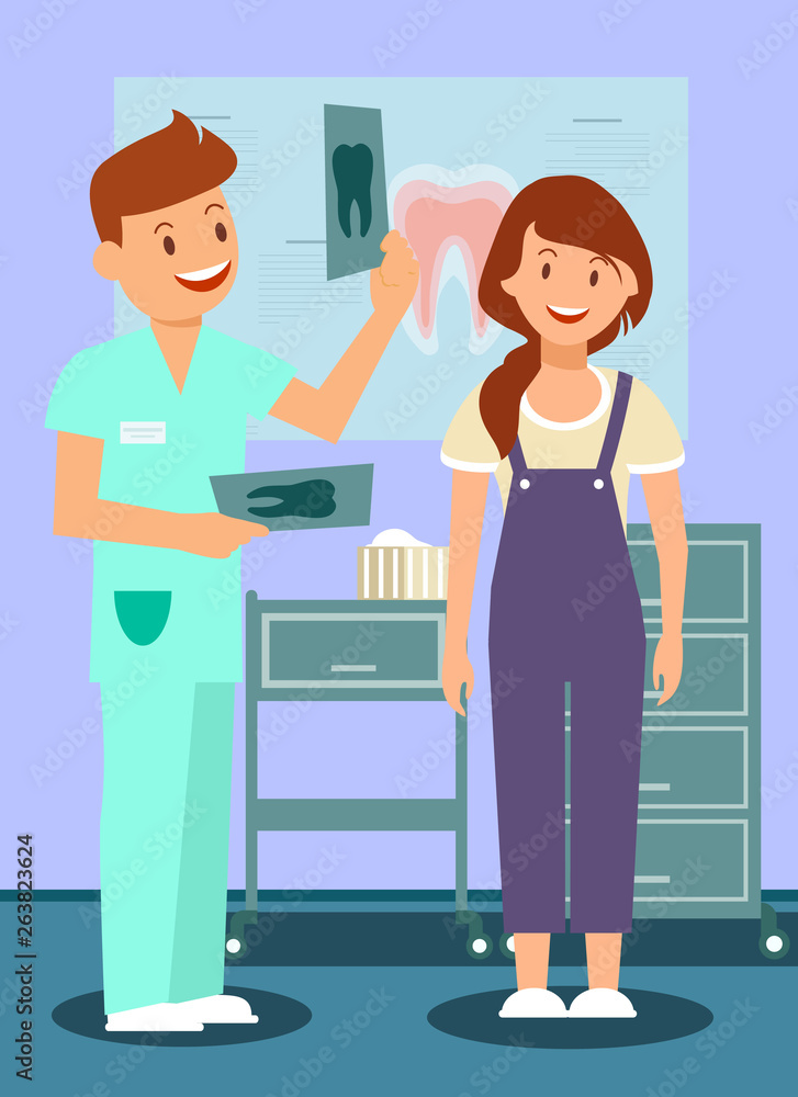 Dentist Telling Woman Good News Flat Illustration Dentist Telling Woman Good News Flat Illustration