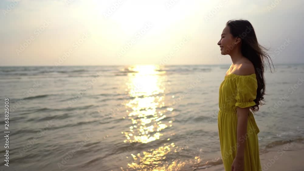Beautiful Asian Female Standing By The Sea on Sandy Beach and Looking at Horizon on Sunset with Reflection on Sea and Wind in Her Hair Beautiful Asian Female Standing By The Sea on Sandy Beach and Looking at Horizon on Sunset with Reflection on Sea and Wind in Her Hair