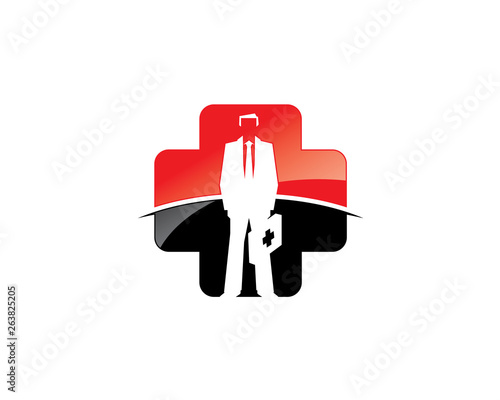doctor men sihouette figure in suit standing holding medical bag briefcase in front of cross symbol