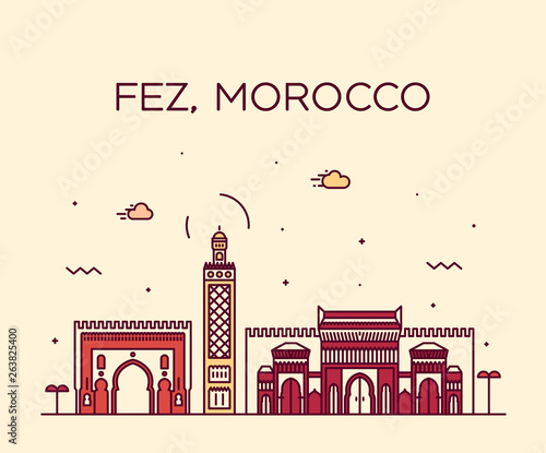 Fez skyline Morocco Trendy vector linear style