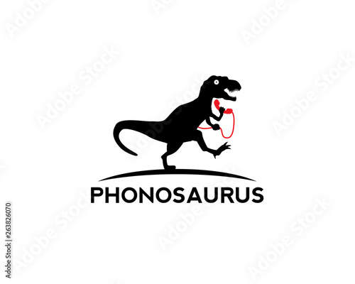 tyrannosaurus rex running chasing something and holding old telephone