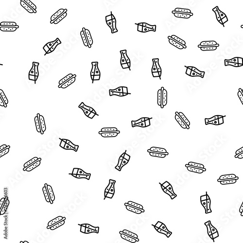 Fast Food And Drink Cola Theme Seamless Pattern. Hotdog With Ketchup And Meat Sausage. Breakfast Meal From American Restaurant. Glass With Soda, Ice, Tubule And Bubbles Vector Illustration