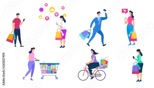 Shopping People Set Isolated on White Background.