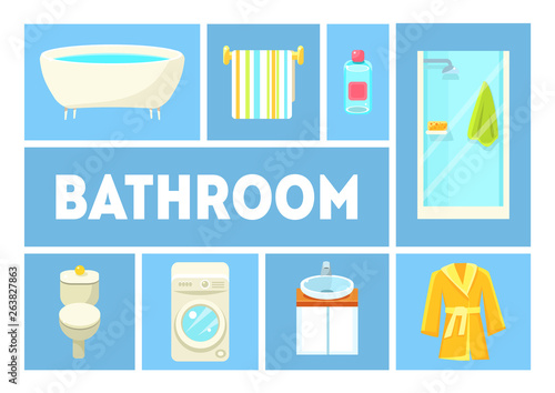 Bathroom Banner Template, Furniture and Accessories, Design Elements For Bathroom Interior Vector Illustration