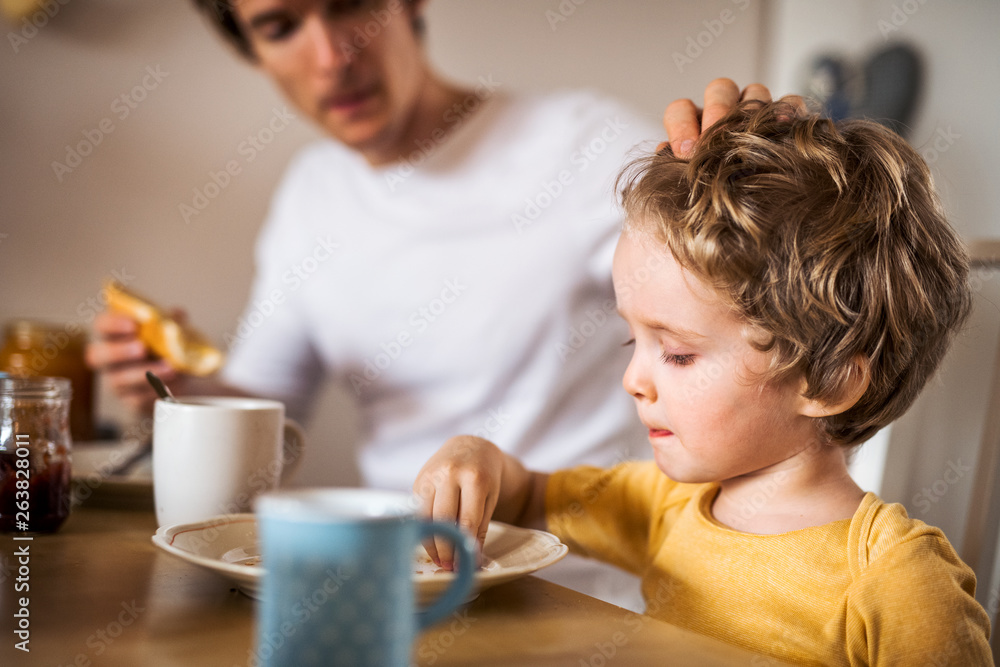 Young father with a toddler son eating breakfast indoors at home. Young father with a toddler son eating breakfast indoors at home.