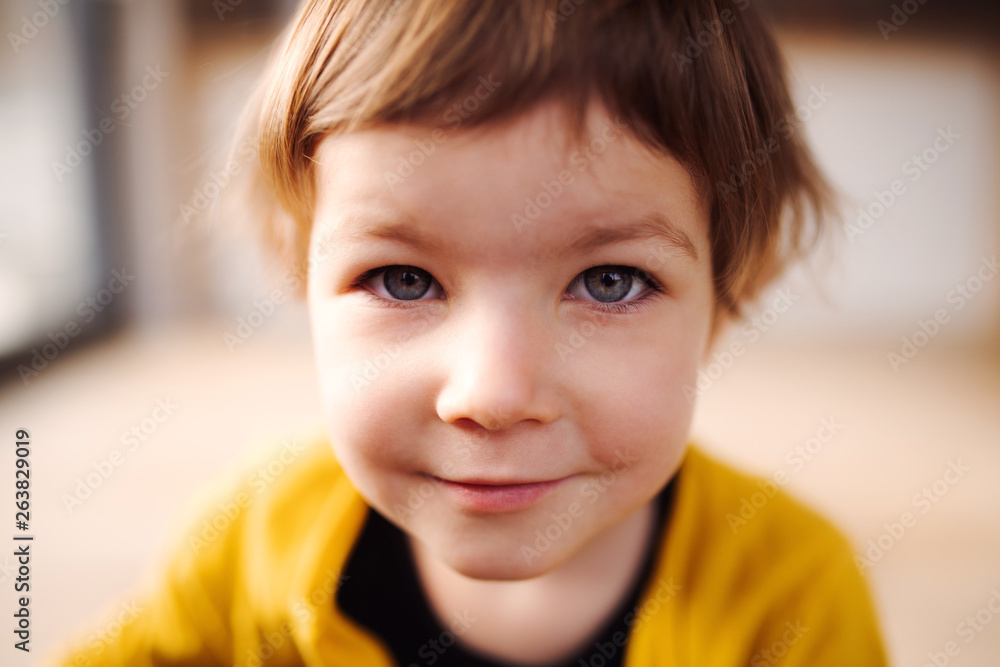 A close-up of a small girl indoors at home. A close-up of a small girl indoors at home.