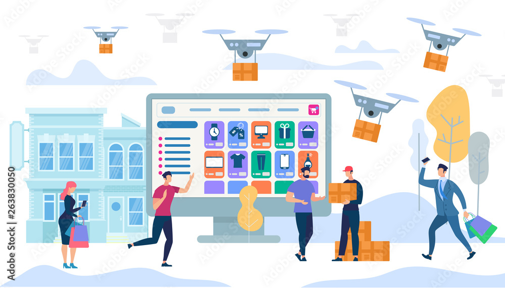 Express Delivery in City. Drones Carry Boxes. Express Delivery in City. Drones Carry Boxes.