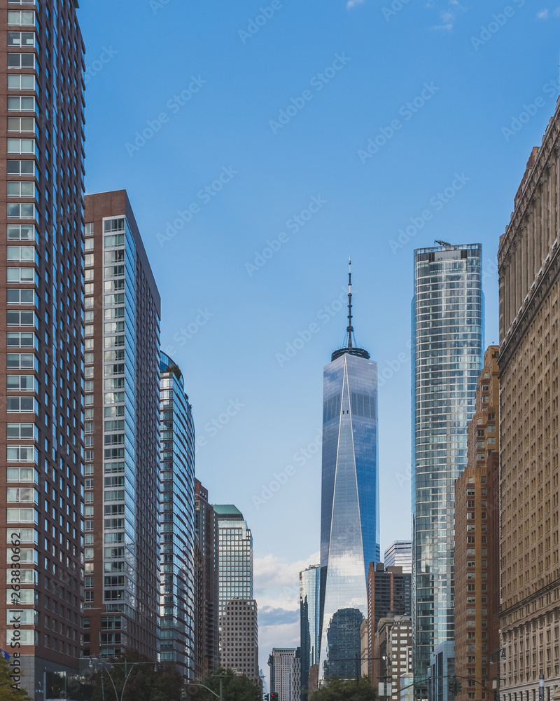 World Trade Center between buildings of lower Manhattan, in New York