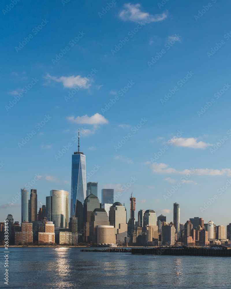 Skyline of downtown  Manhattan of New York City at dusk, viewed from New Jersey, USA