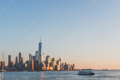 Skyline of downtown Manhattan of New York City at dusk, viewed from New Jersey, USA