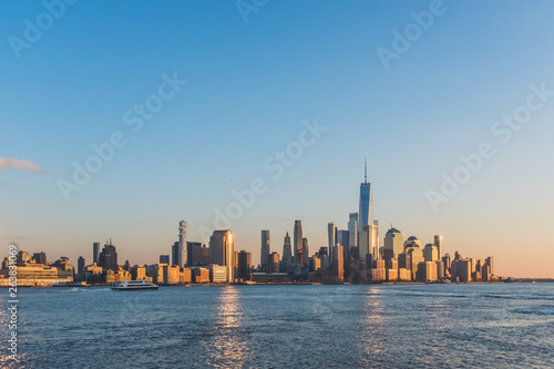 Skyline of downtown  Manhattan of New York City at dusk  viewed from New Jersey  USA