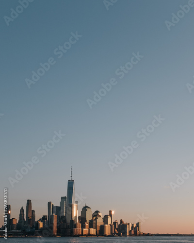 Skyline of downtown Manhattan of New York City at dusk, viewed from New Jersey, USA