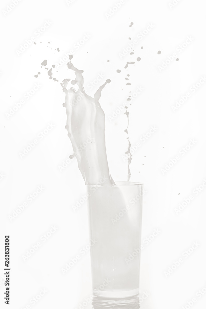 Glass cup with milk on a white background.