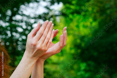 Gesture of begging hands on green background.