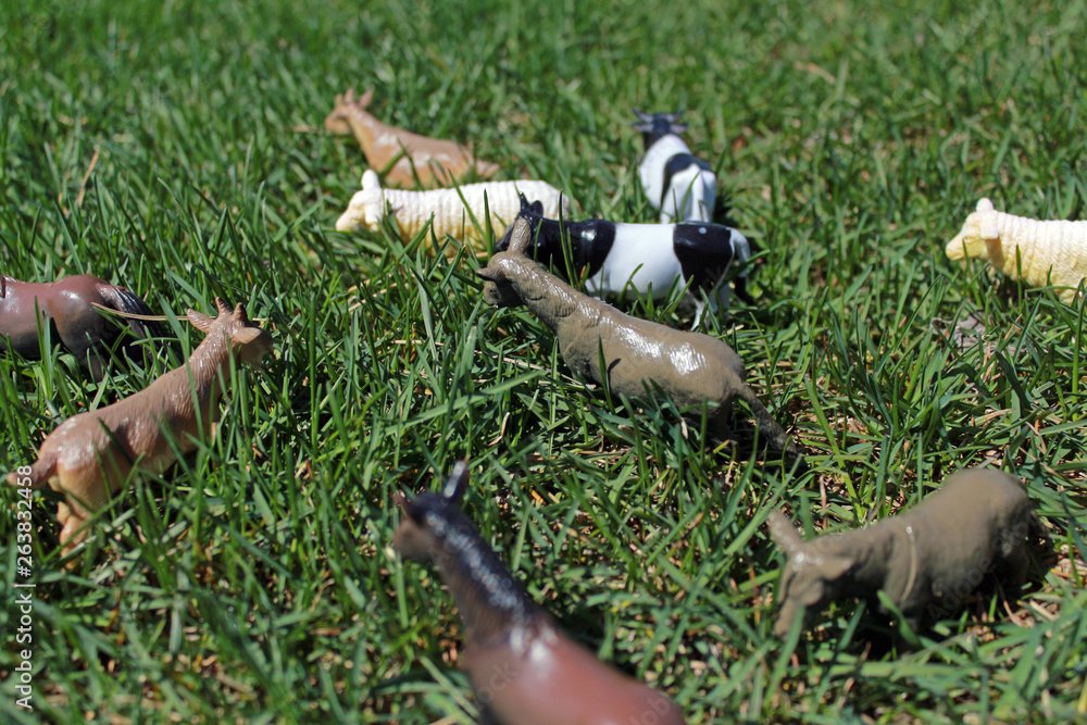 toy cows, sheep, horses, on the green grass in the bright sun