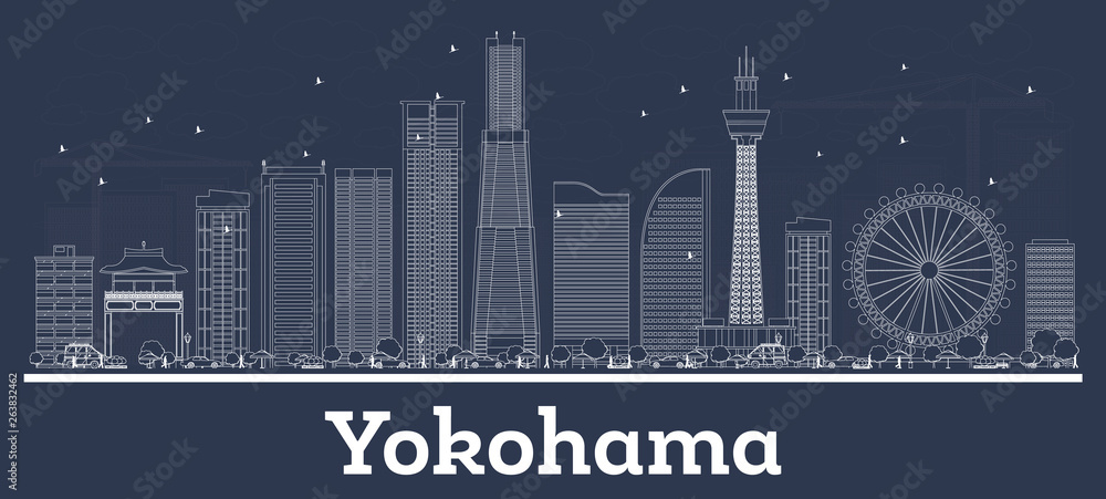 Outline Yokohama Japan City Skyline with White Buildings.