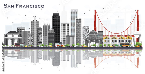 San Francisco USA City Skyline with Gray Buildings Isolated on White.