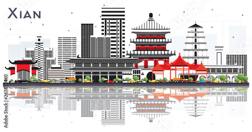 Photos Xian China Skyline with Color Buildings and Reflections Isolated on White