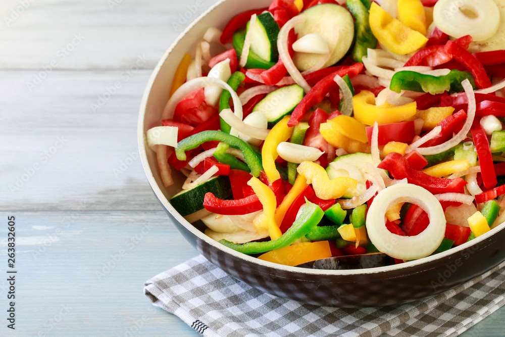 Mixed vegetables on frying pan. Mixed vegetables on frying pan.