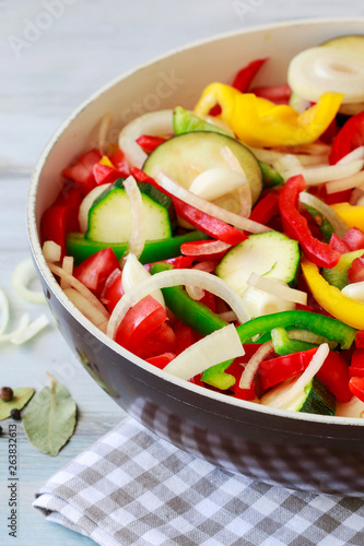 Mixed vegetables on frying pan.