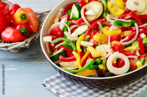 Mixed vegetables on frying pan.