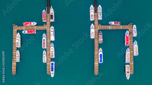 Boats in the harbor at Sun Moon Lake, Shuishe Pier in Nantou, Taiwan, Aerial top view. photo