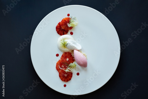 Blood orange dessert with sorbet