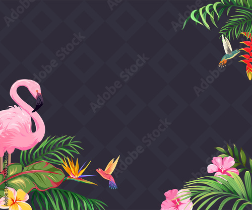Background with flamingos, hummingbirds and tropical flowers
