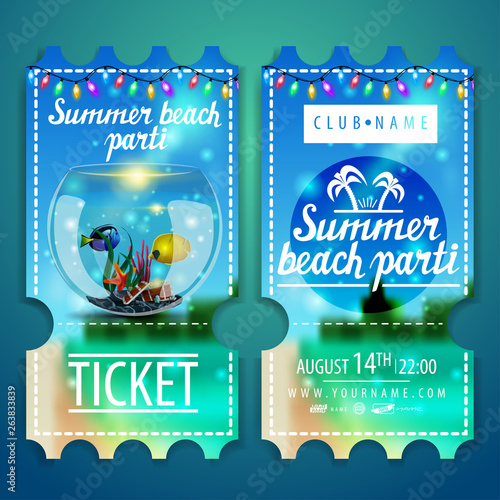 Tickets to a beach party with a beautiful summer landscape in the background and round aquarium with fish