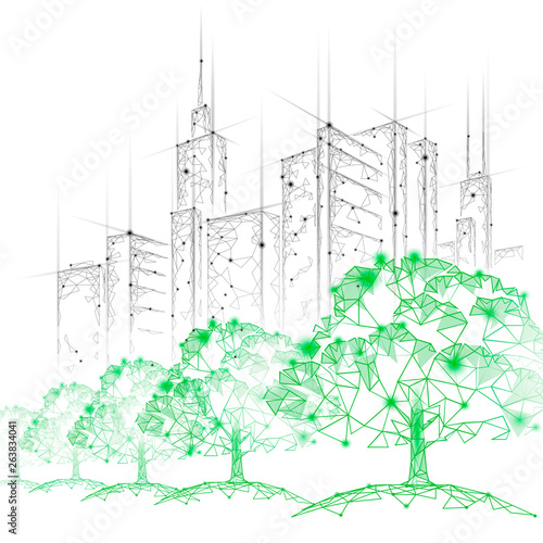 Low poly tree park cityscape. Ecology save nature concept. Eco idea forest in urban skyscrape city. Environmental pollution poster template vector illustration