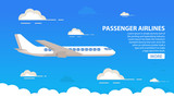 Passenger airlines. Clouds blue sky airplane.Jet plane.Aviation airliner.Poster flat vector.