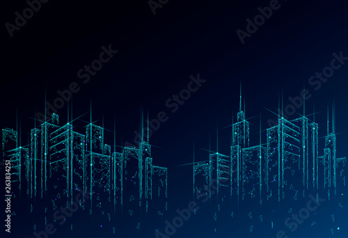 Low poly smart city 3D wire mesh. Intelligent building automation system business concept. High skyscrapers border pattern background. Architecture urban cityscape technology vector illustration photo