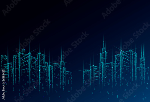 Low poly smart city 3D wire mesh. Intelligent building automation system business concept. High skyscrapers border pattern background. Architecture urban cityscape technology vector illustration
