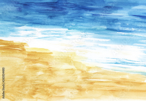 Abstract Watercolor background of golden beach, azure sea with white foam on waves. Hand-drawn illustration on textured paper. photo