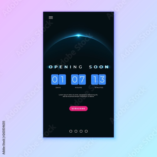 Coming Soon text on abstract Sunrise Dark Background with Flip countdown clock counter timer