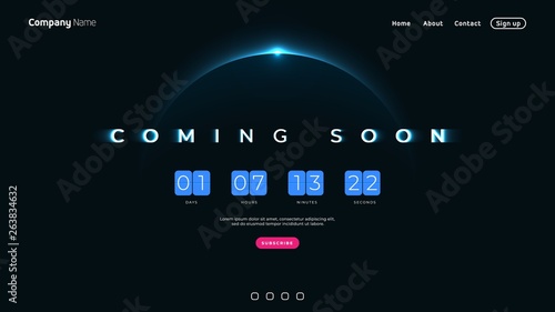 Coming Soon text on abstract Sunrise Dark Background with Flip countdown clock counter timer photo