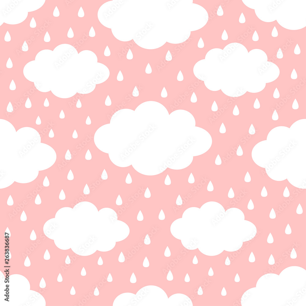 Seamless Pattern. Cloud in the sky. Rain drop. Cute cartoon kawaii funny baby kids decor. Wrapping paper, textile template. Nursery decoration. Pink background. Flat design. Seamless Pattern. Cloud in the sky. Rain drop. Cute cartoon kawaii funny baby kids decor. Wrapping paper, textile template. Nursery decoration. Pink background. Flat design.