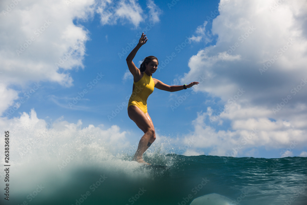 Surfer girl in yellow swimwear Surfer girl in yellow swimwear