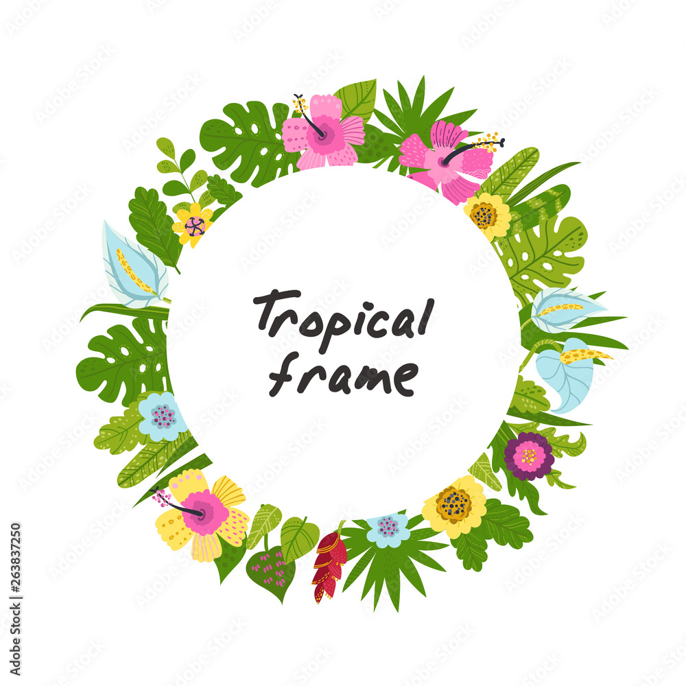 Fototapeta Tropikalna ramka z kwiatów i liści