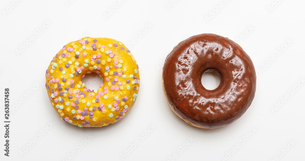 Two doughnuts isolated on white color background, top view Two doughnuts isolated on white color background, top view
