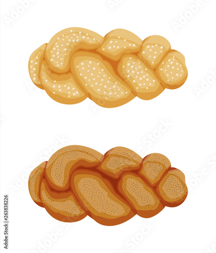 Braided bread bun icon. Pastry bakery with poppy seeds. Fresh tasty bun. Sweet loaf food. Challah jewish traditional holiday bread. Vector illustration in flat style