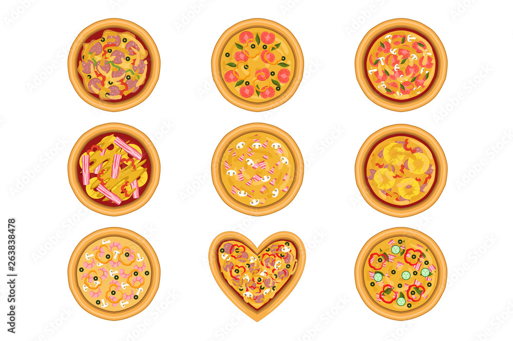 Flat vector set of tasty pizza with different ingredients. Delicious fast food. Traditional Italian dish Flat vector set of tasty pizza with different ingredients. Delicious fast food. Traditional Italian dish