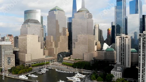 Aerial view of boats docked at the North Cove Marina (Hudson River) at Battery Park in Manhattan with Brookfield Place Complex and offices buildings on the background. New York, USA.