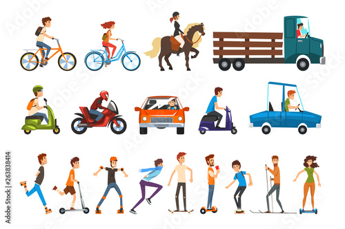 People on the street set, various vehicles cartoon vector Illustration on a white background