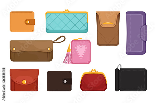 Flat vectoe set of stylish wallets. Pocket-sized holder for money and plastic cards. Small women bag to carry everyday personal items