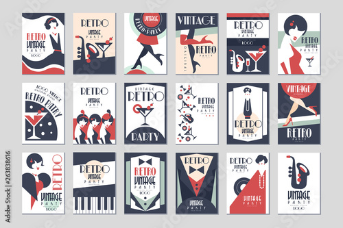 Vintage party poster set, retro style design vector Illustrations