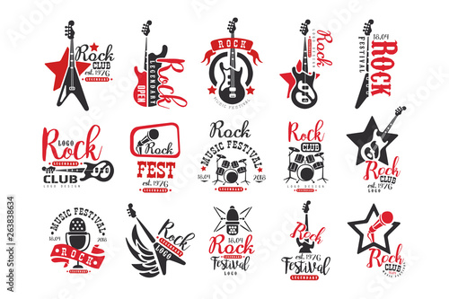 Rock club logo design set, label for music festival vector Illustrations on a white background